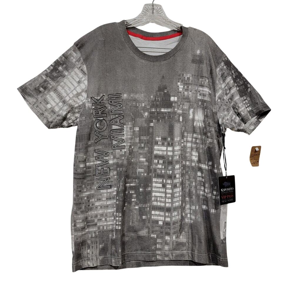 Mens Large Miami All Over Big City Lights Palms Print Pullover Tshirt Y2K Grunge